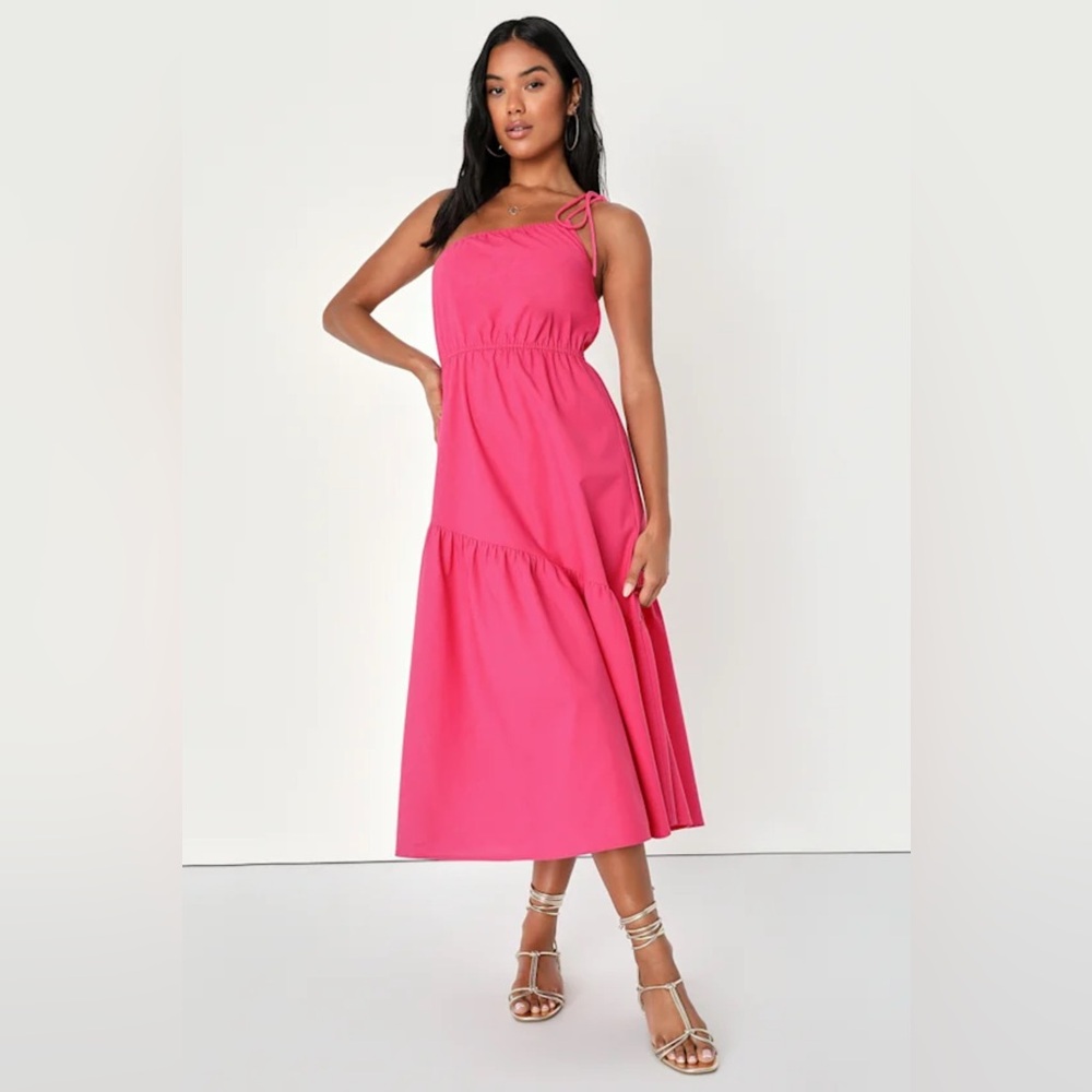 Lulus Hot Pink Asymmetrical One Shoulder Midi Dress in Women’s Small NWT